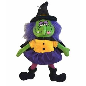 Halloween Dizzy Witch Plush Green Purple Hair Tongue Out Happy Haunters EUC 9 In